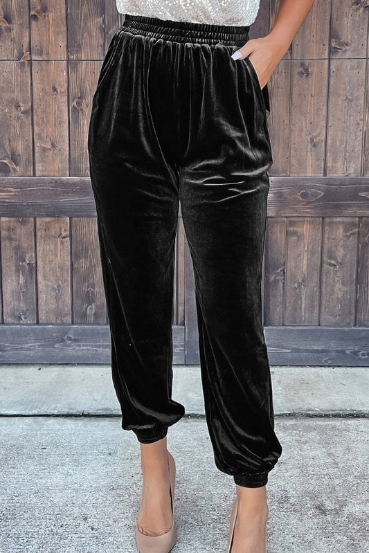 Black Solid Velvet Jogger Pants - Premium Bottoms from Momma Done Gone Crafty- Just $49.35! Shop now at Momma Done Gone Crafty