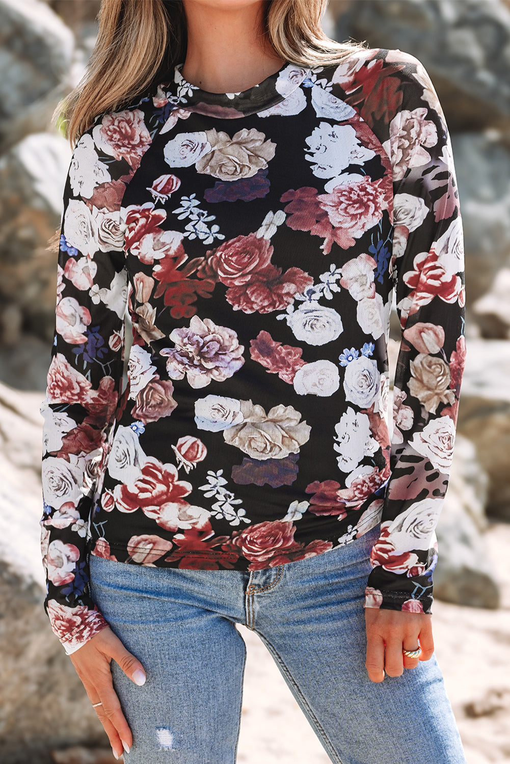 Pink Mesh Floral Print Mock Neck Long Sleeve Slim Top - Premium Tops/Long Sleeve Tops from Ashes 2 Wildflowers Boutique, LLC- Just $26.30! Shop now at Ashes 2 Wildflowers Boutique, LLC