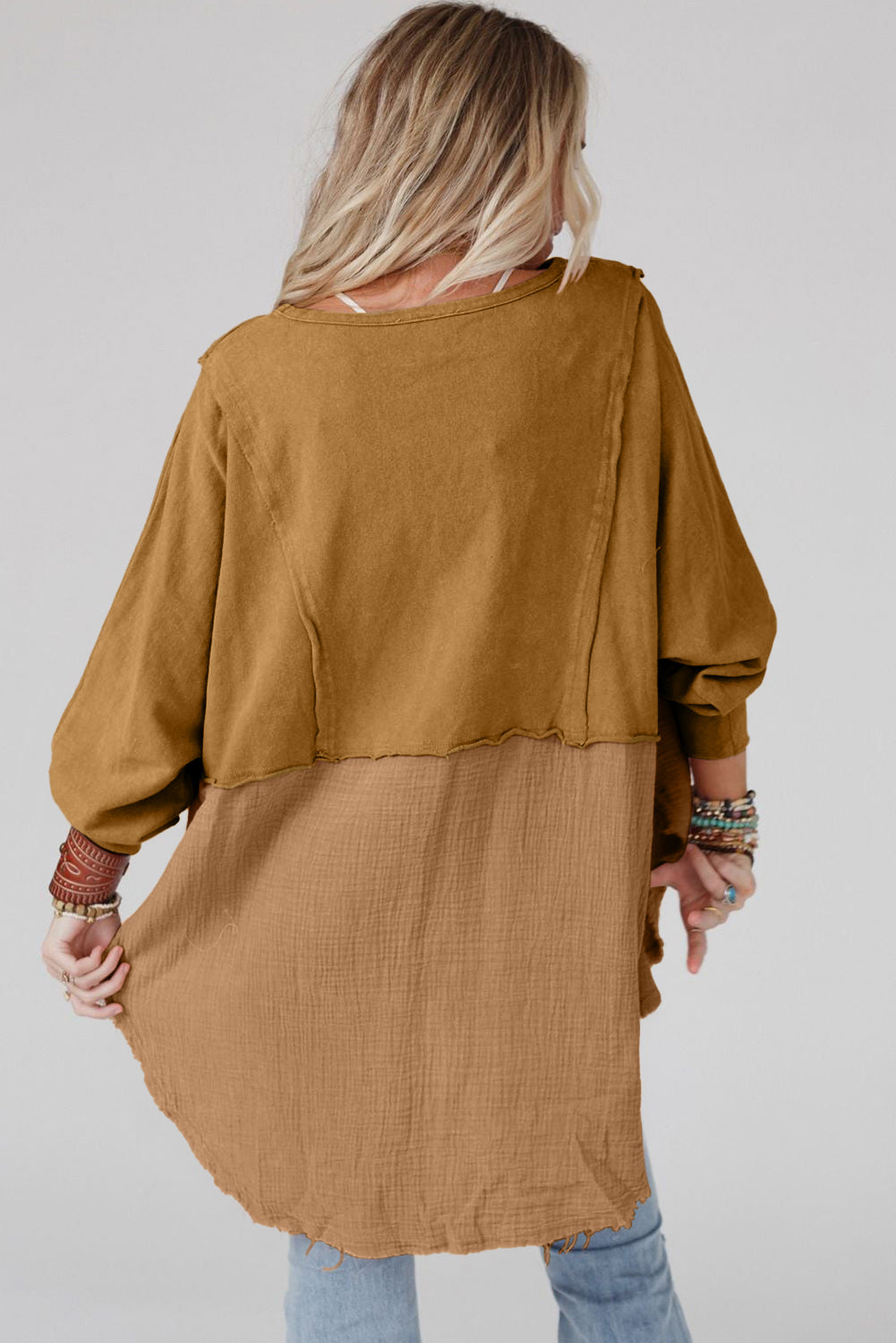 Camel Crinkle Splicing Raw Hem High Low Oversized Blouse - Premium Tops from Momma Done Gone Crafty- Just $34.80! Shop now at Momma Done Gone Crafty