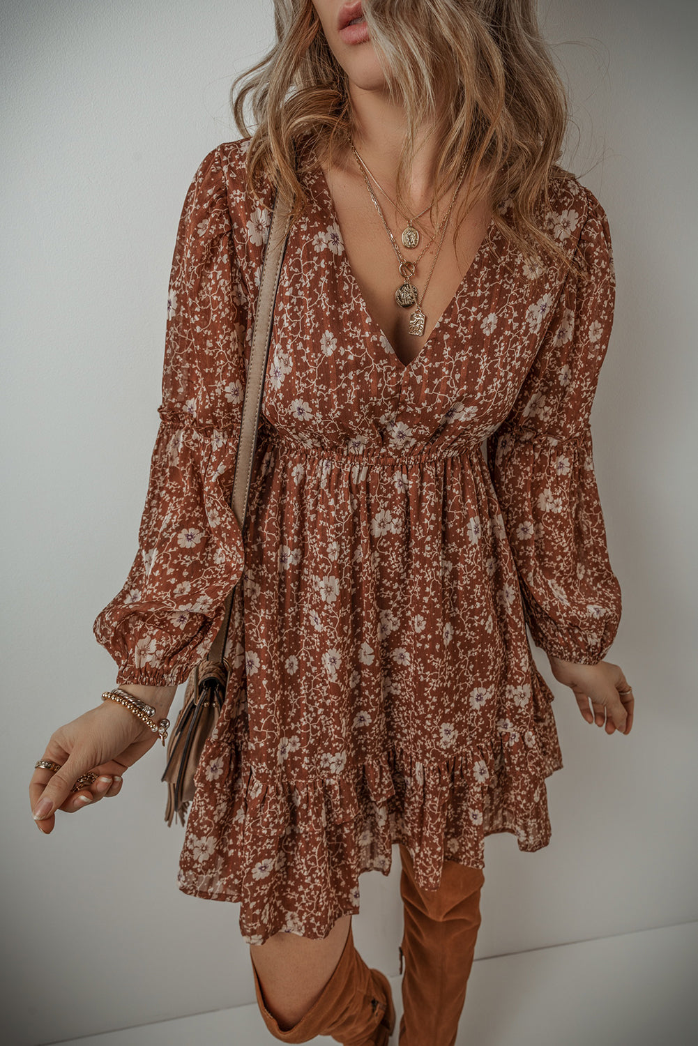 Brown Boho Floral Ruffled Puff Sleeve V Neck Mini Dress - Premium Dresses/Floral Dresses from Momma Done Gone Crafty- Just $35.10! Shop now at Momma Done Gone Crafty