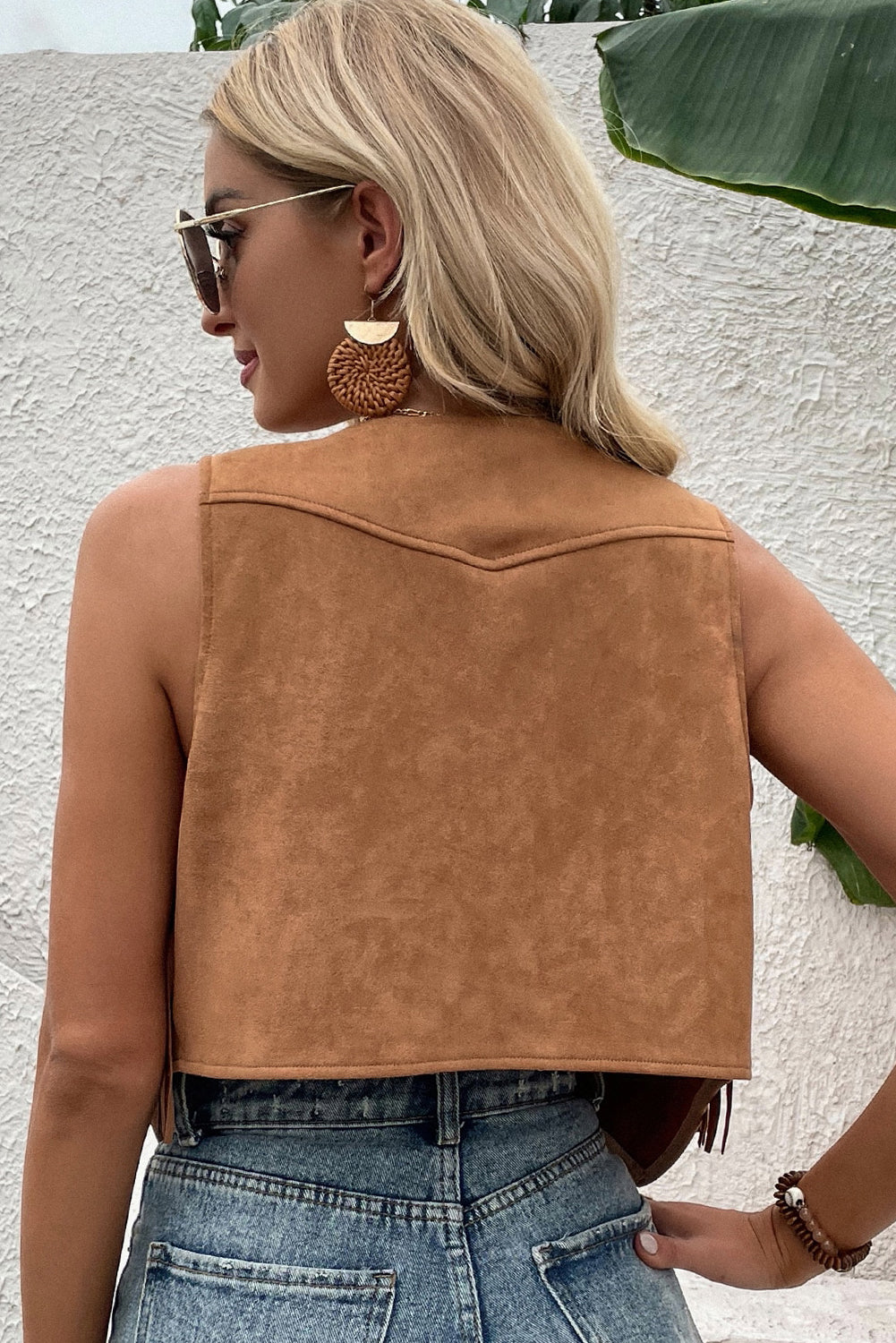 Camel Fringed Snap Button Front Suedette Vest - Premium Outerwear/Jackets from Momma Done Gone Crafty- Just $18.84! Shop now at Momma Done Gone Crafty
