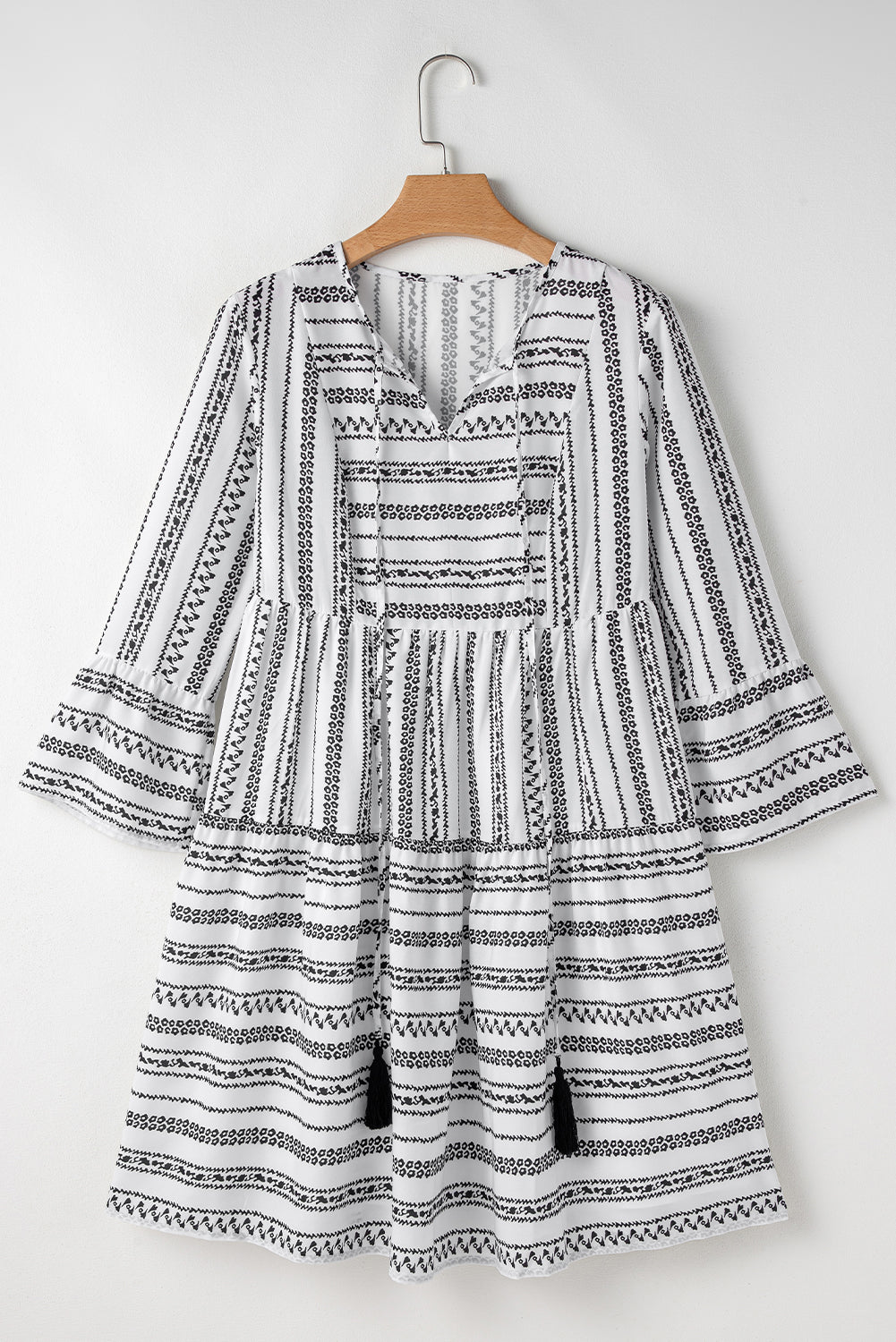Black Stripe V Neck Bell Sleeve High Waist Mini Dress - Premium Dresses/Mini Dresses from Momma Done Gone Crafty- Just $45.99! Shop now at Momma Done Gone Crafty