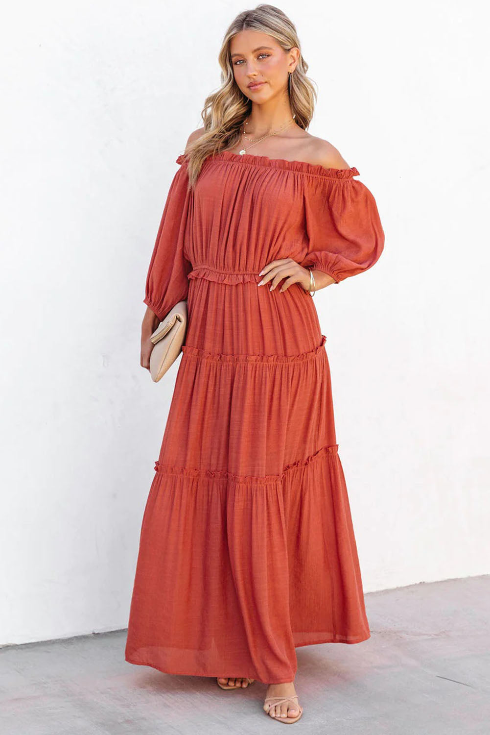 Orange Off Shoulder Balloon Sleeve Cutout Ruffled Maxi Dress - Premium Dresses from Momma Done Gone Crafty- Just $54.99! Shop now at Momma Done Gone Crafty