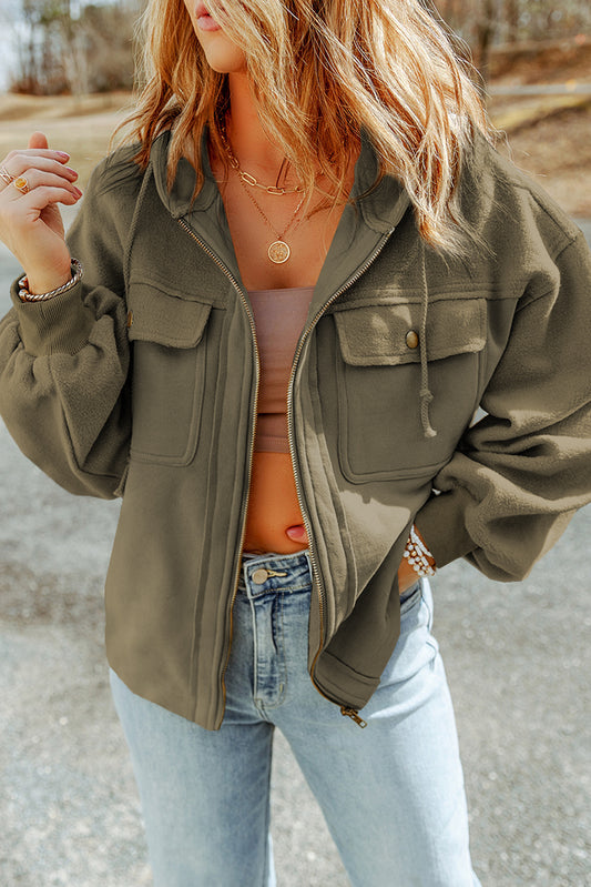 Green Flap Pocket Drawstring Hood Zip Up Jacket - Premium Outerwear from Momma Done Gone Crafty- Just $51.60! Shop now at Momma Done Gone Crafty