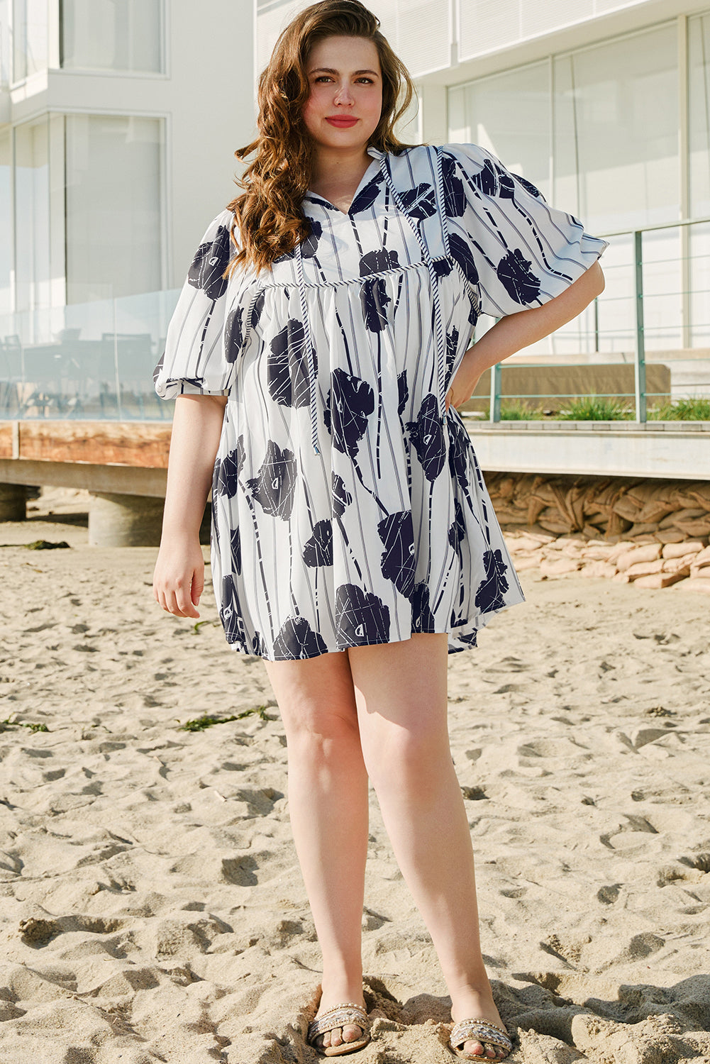 Black Plus Size Floral 3/4 Puff Sleeve Lace-up Neck Mini Dress - Premium Plus Size/Plus Size Dresses/Plus Size Mini Dresses from Momma Done Gone Crafty- Just $39.15! Shop now at Momma Done Gone Crafty