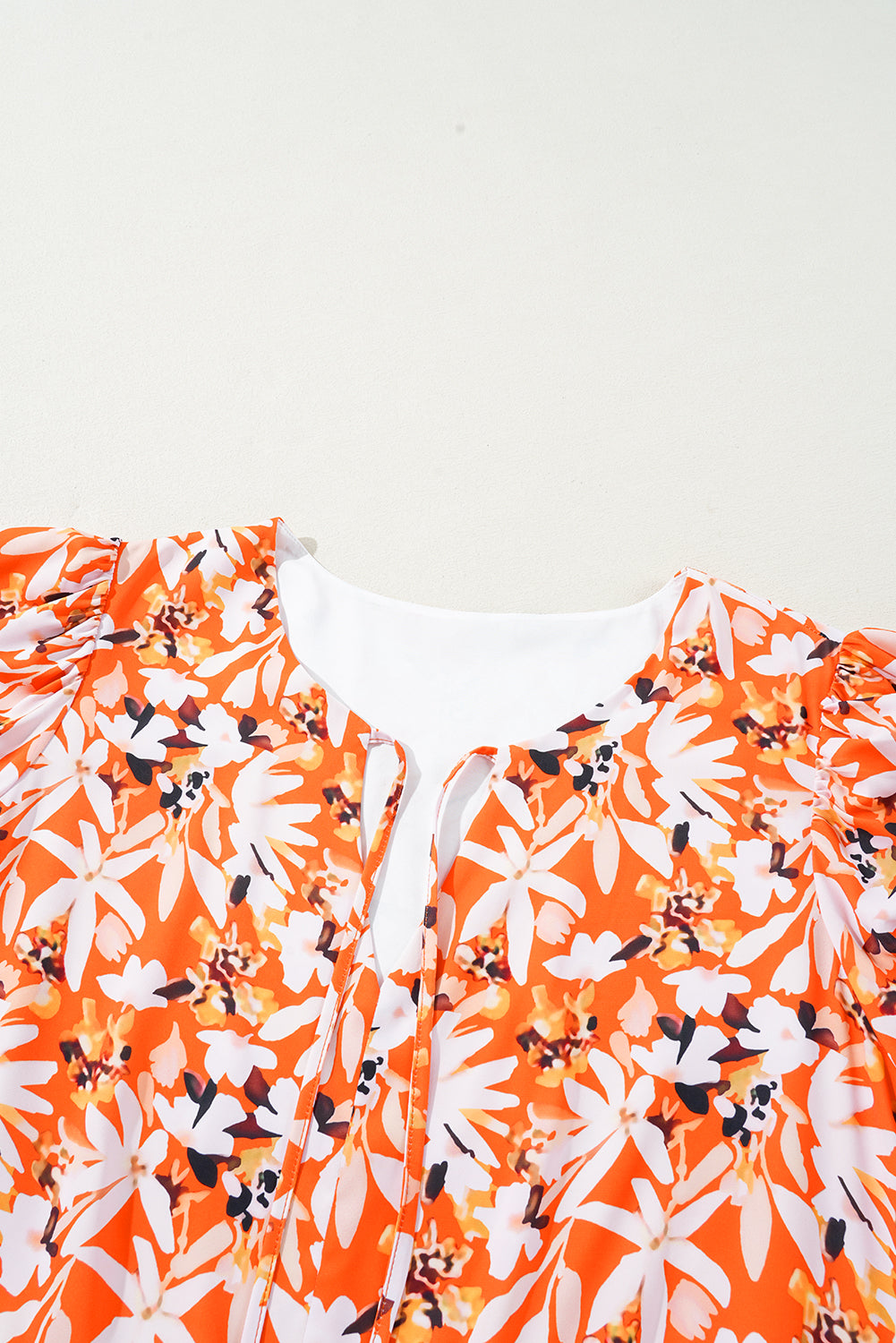 Orange Floral Print Split V Neck Bubble Sleeve Plus Size Midi Dress - Premium Plus Size/Plus Size Dresses/Plus Size Midi Dresses from Momma Done Gone Crafty- Just $38.70! Shop now at Momma Done Gone Crafty