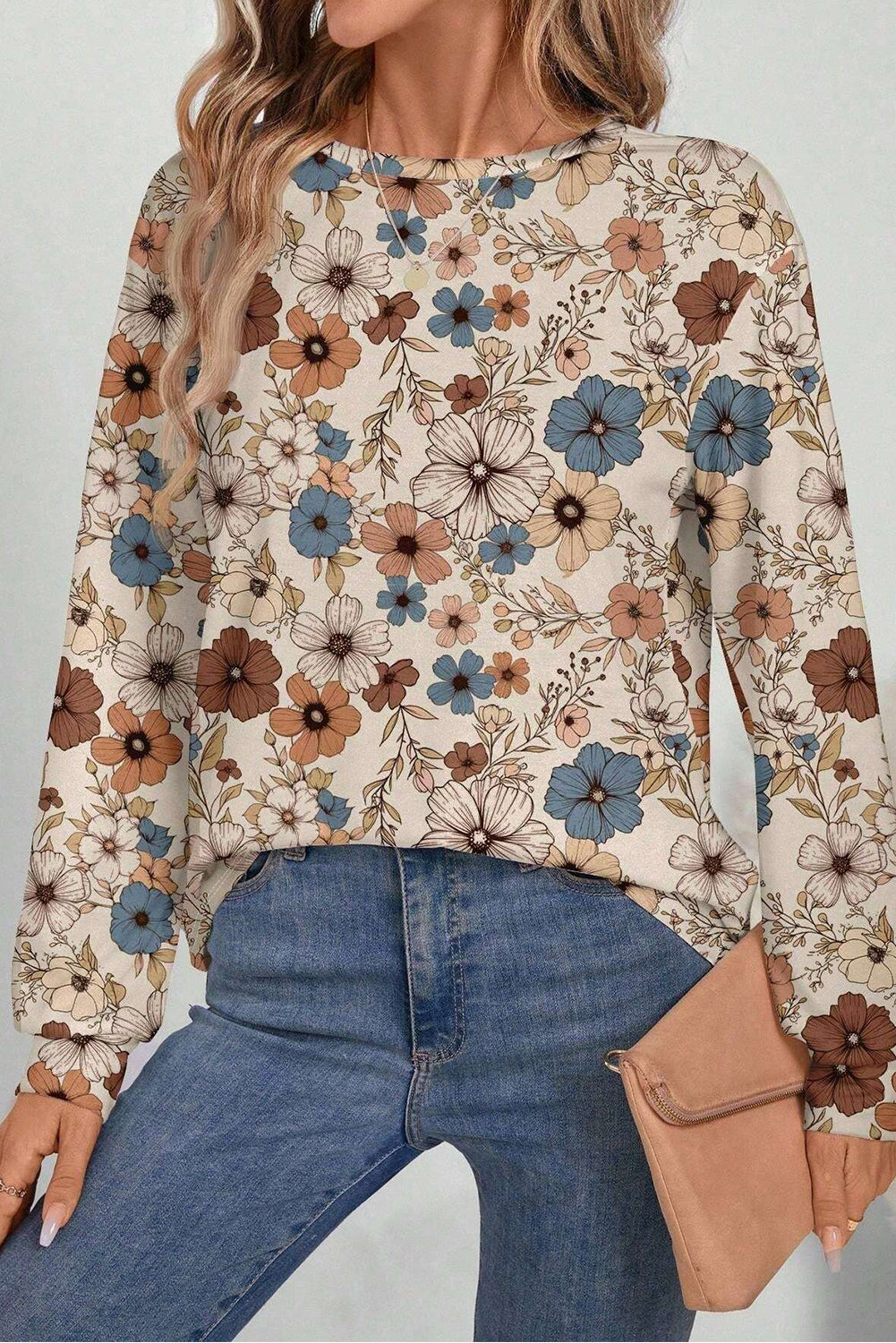 Khaki Floral Print Loose Crew Neck Long Sleeve T Shirt - Premium Tops/Long Sleeve Tops from Ashes 2 Wildflowers Boutique, LLC- Just $25.70! Shop now at Ashes 2 Wildflowers Boutique, LLC
