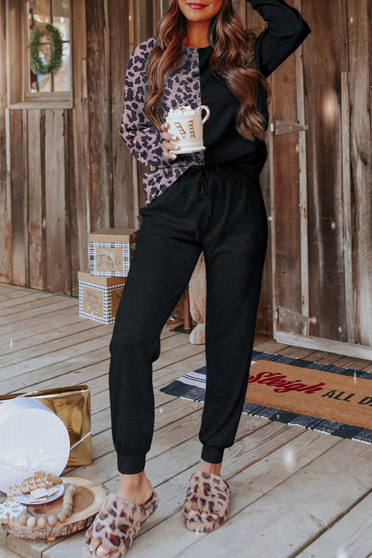 Black Contrast Leopard Long Sleeve Pullover and Joggers Outfit - Premium Loungewear from Momma Done Gone Crafty- Just $56.94! Shop now at Momma Done Gone Crafty