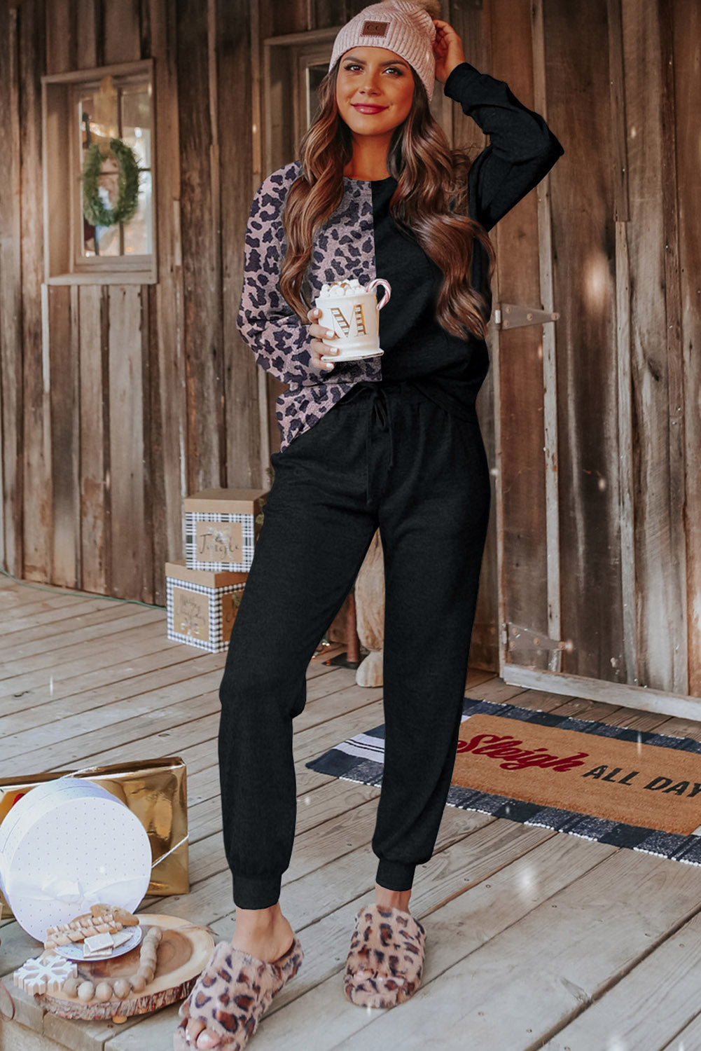 Black Contrast Leopard Long Sleeve Pullover and Joggers Outfit - Premium Loungewear from Momma Done Gone Crafty- Just $56.94! Shop now at Momma Done Gone Crafty