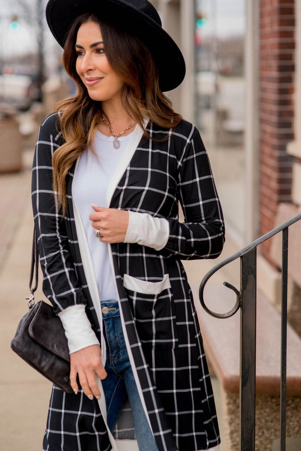Black Plaid Colorblock Edge Open Cardigan with Pocket - Premium Sweaters & Cardigans/Cardigans from Momma Done Gone Crafty- Just $18.60! Shop now at Momma Done Gone Crafty