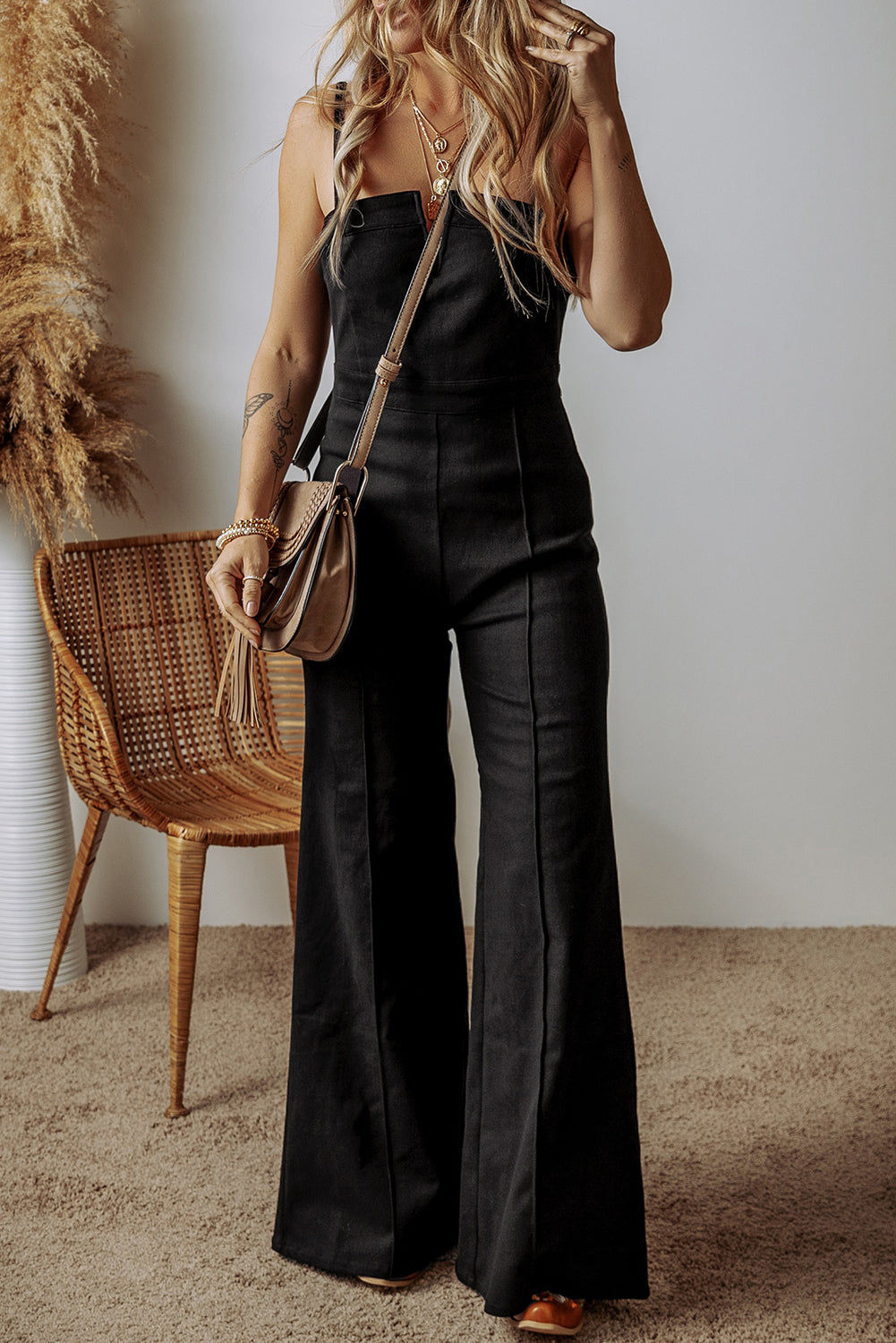 Black Seamed Zipper Spaghetti Strap High Waist Flared Jumpsuit - Premium Bottoms/Jumpsuits & Rompers from Momma Done Gone Crafty- Just $48.15! Shop now at Momma Done Gone Crafty