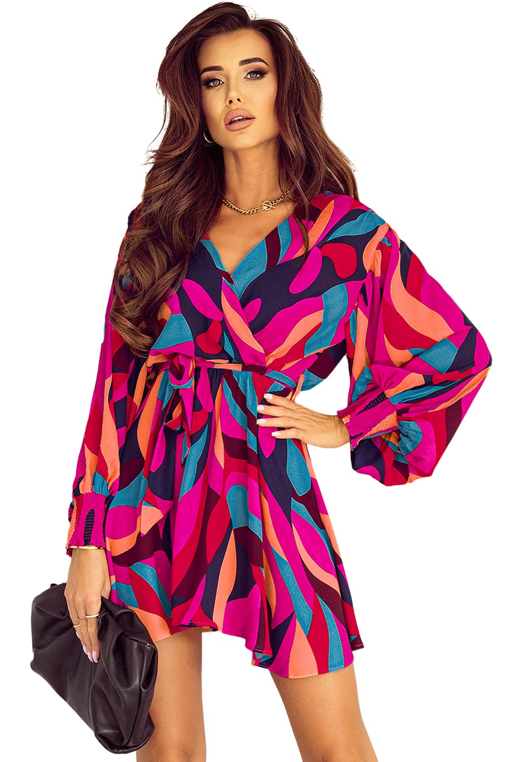 Red Abstract Printed Belted Puff Sleeve Mini Dress - Premium Dresses from Momma Done Gone Crafty- Just $49.94! Shop now at Momma Done Gone Crafty