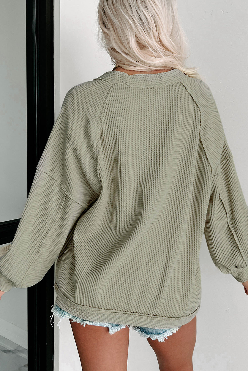Green Exposed Seam Buttons Front Waffle Knit Cardigan - Premium Tops from Momma Done Gone Crafty- Just $49.20! Shop now at Momma Done Gone Crafty