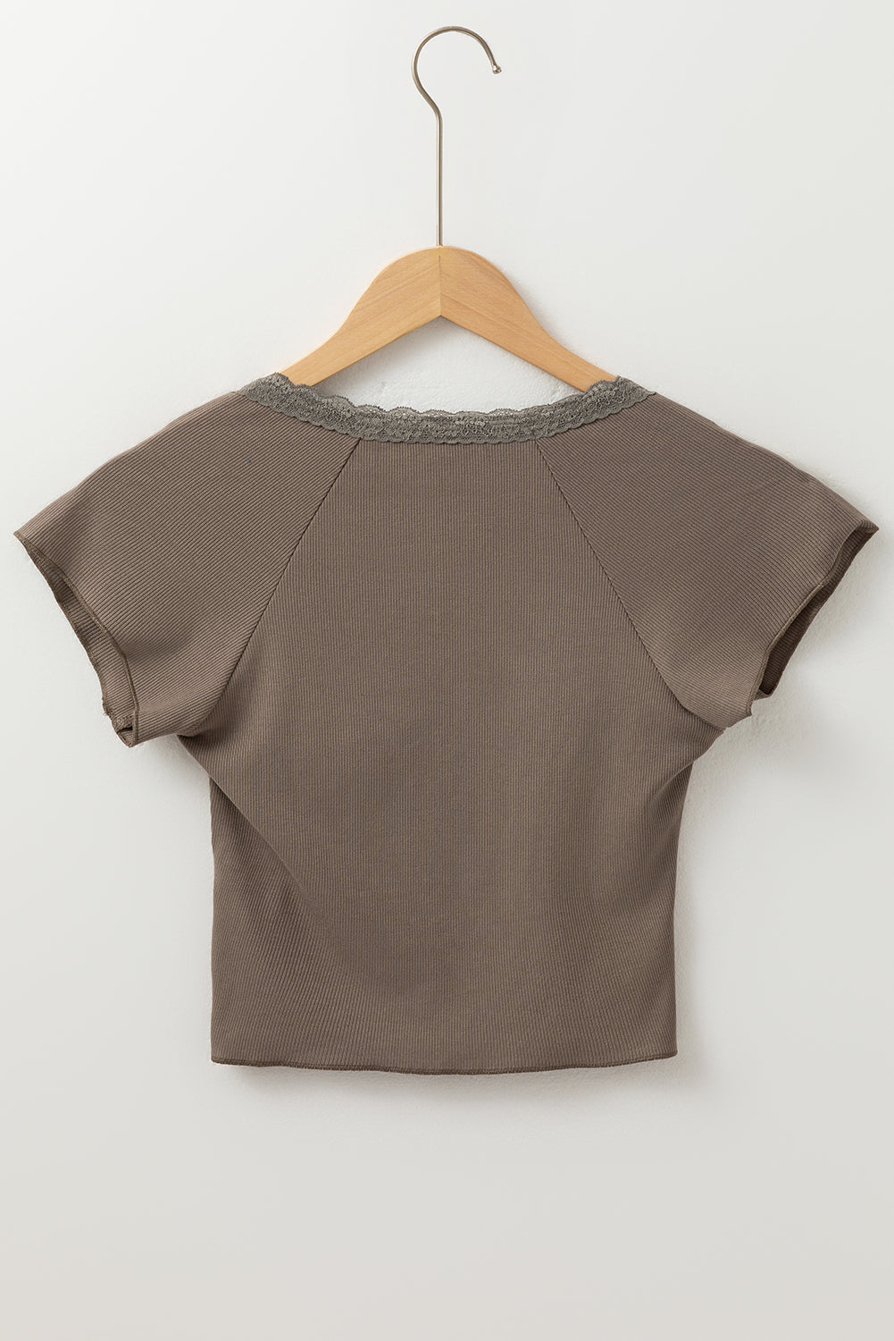 Dark Brown Lace Splicing Criss Cross Slim Fit V Neck T Shirt - Premium Tops/Tops & Tees from Ashes 2 Wildflowers Boutique, LLC- Just $25.48! Shop now at Ashes 2 Wildflowers Boutique, LLC