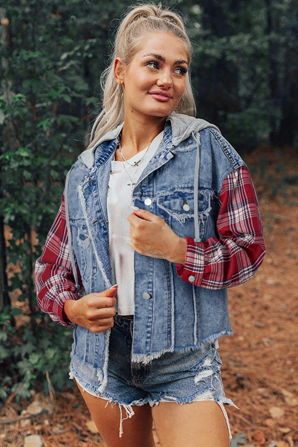 Beau Blue Plaid Print Patchwork Hooded Raw Hem Denim Jacket - Premium Outerwear/Denim jackets from Ashes 2 Wildflowers Boutique, LLC- Just $34.30! Shop now at Ashes 2 Wildflowers Boutique, LLC