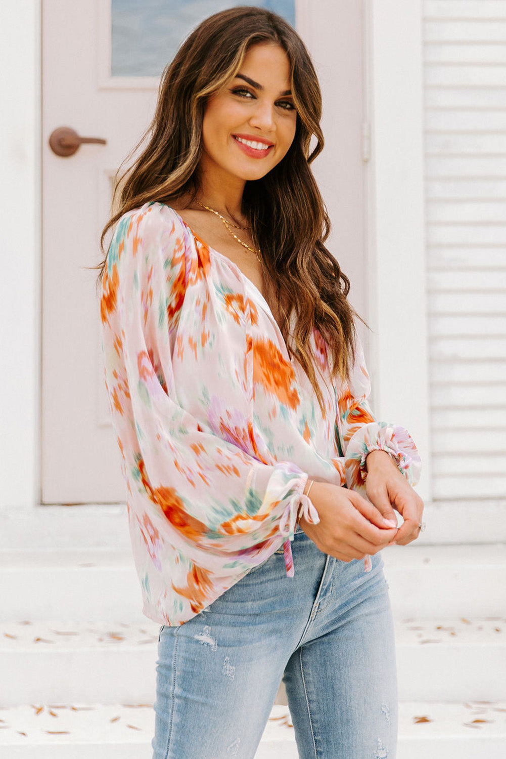 Multicolor Abstract Print Split Neck Puff Sleeve Blouse - Premium Tops from Momma Done Gone Crafty- Just $33.30! Shop now at Momma Done Gone Crafty