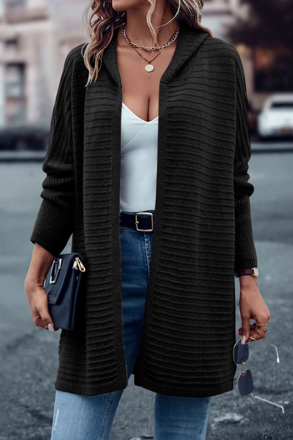 Black Horizontal Rib Knitted Open Front Hooded Cardigan - Premium Sweaters & Cardigans/Cardigans from Momma Done Gone Crafty- Just $36.60! Shop now at Momma Done Gone Crafty
