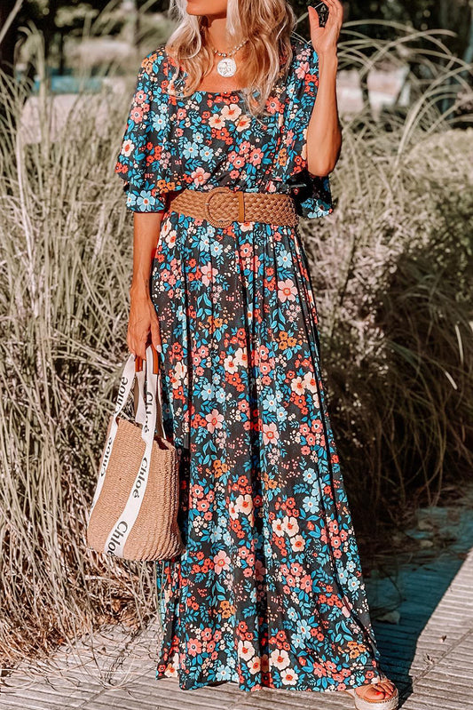 Sky Blue Floral Knotted Back Square Neck Maxi Dress - Premium Dresses/Floral Dresses from Momma Done Gone Crafty- Just $36.09! Shop now at Momma Done Gone Crafty