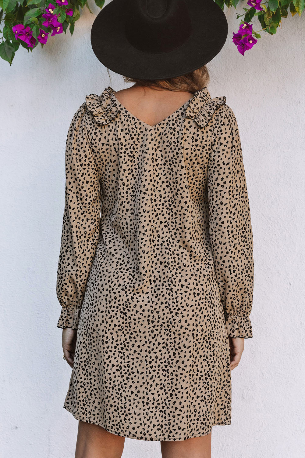 Khaki Leopard Frill Trim V Neck Dress - Premium Dresses from Momma Done Gone Crafty- Just $40.95! Shop now at Momma Done Gone Crafty