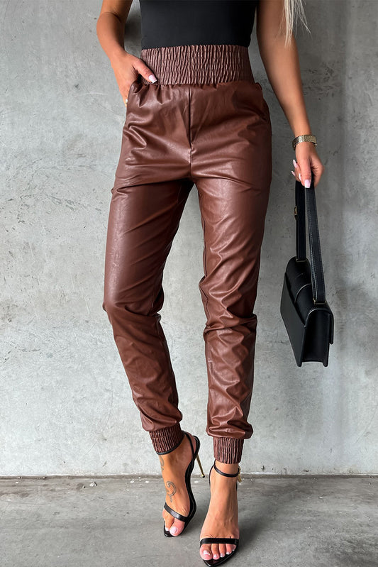 Brown Smocked High-Waist Leather Skinny Pants - Premium Bottoms from Momma Done Gone Crafty- Just $58.71! Shop now at Momma Done Gone Crafty
