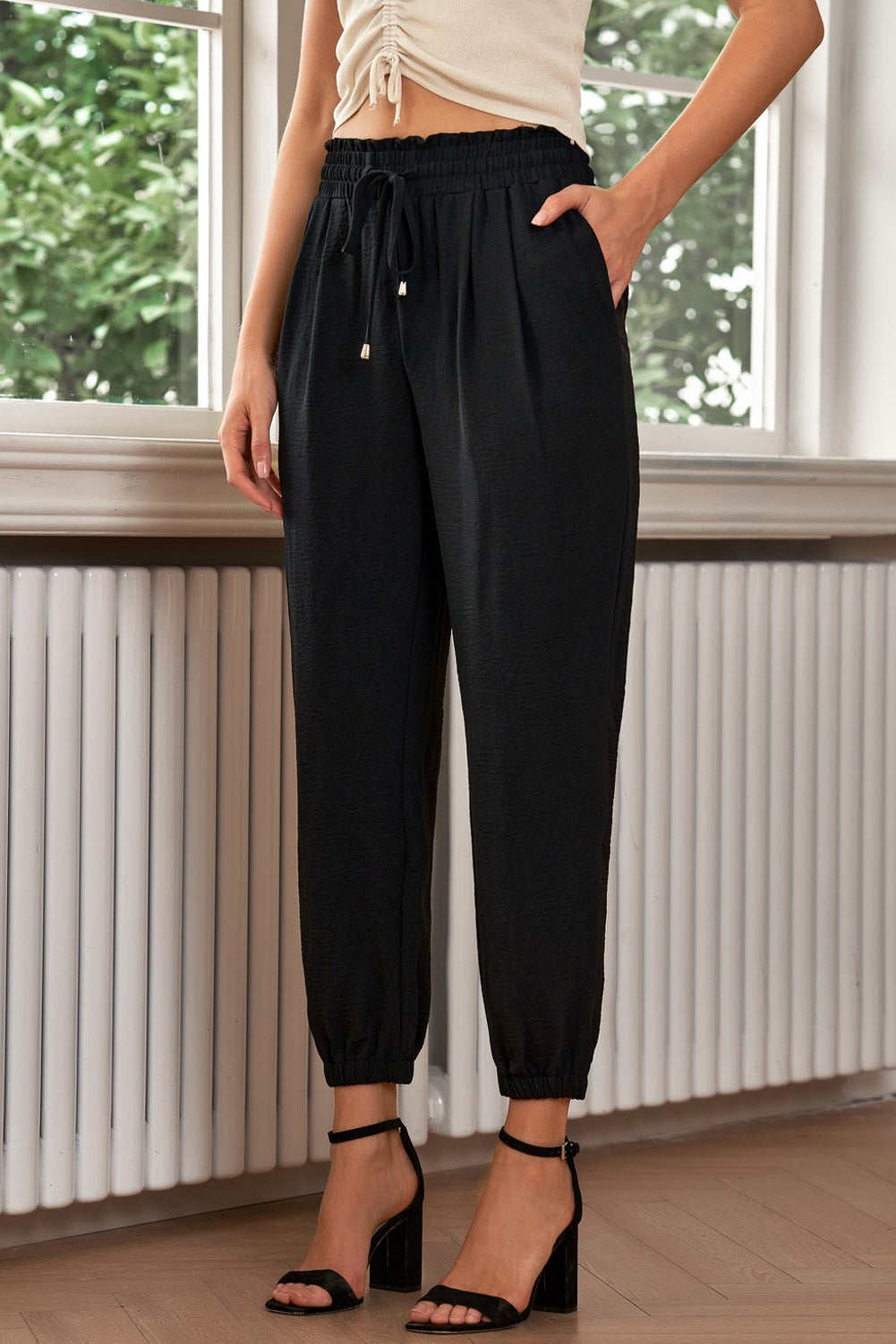 Black Solid Color Drawstring Smocked Waist Joggers - Premium Bottoms from Momma Done Gone Crafty- Just $47.40! Shop now at Momma Done Gone Crafty