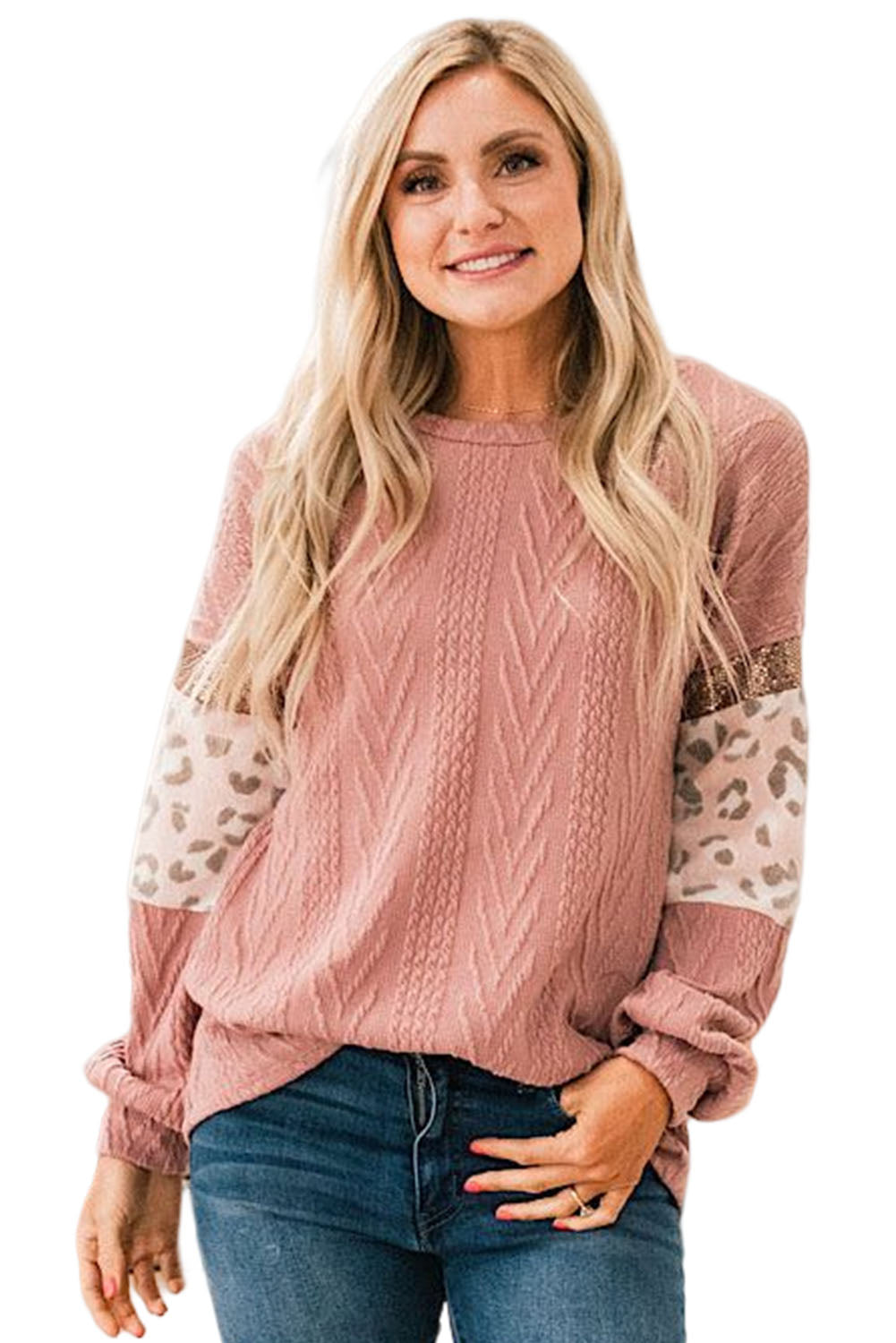 Pink Leopard Sequin Splicing Sleeves Textured Knit Top - Premium Tops from Momma Done Gone Crafty- Just $36.90! Shop now at Momma Done Gone Crafty