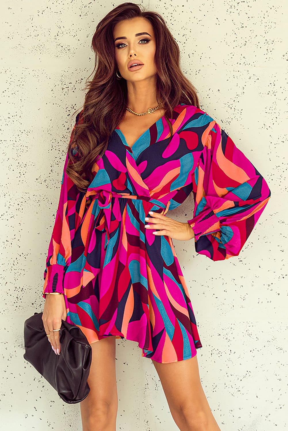 Red Abstract Printed Belted Puff Sleeve Mini Dress - Premium Dresses from Momma Done Gone Crafty- Just $49.94! Shop now at Momma Done Gone Crafty