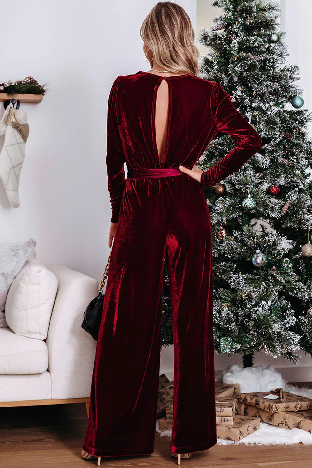 Fiery Red Velvet Pocketed Cut out Back Wide Leg Jumpsuit - Premium Bottoms/Jumpsuits & Rompers from Momma Done Gone Crafty- Just $35.25! Shop now at Momma Done Gone Crafty