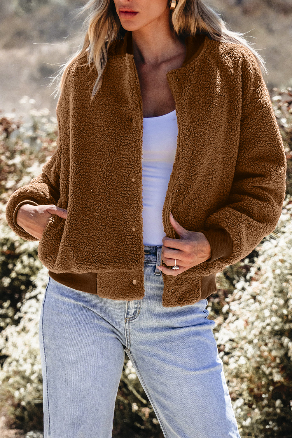 Redwood Burl Sherpa Ribbed Baseball Collar Bomber Jacket - Premium Sale (50% OFF)/30% OFF from Ashes 2 Wildflowers Boutique, LLC- Just $38.60! Shop now at Ashes 2 Wildflowers Boutique, LLC