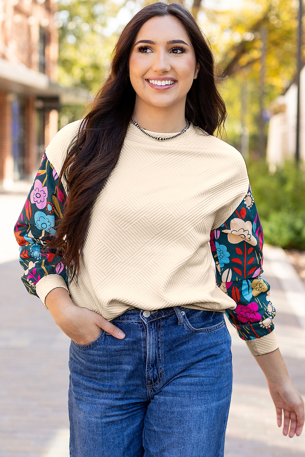White Contrast Floral Sleeve Textured Drop Shoulder Knit Top - Premium Tops/Long Sleeve Tops from Ashes 2 Wildflowers Boutique, LLC- Just $28.40! Shop now at Ashes 2 Wildflowers Boutique, LLC