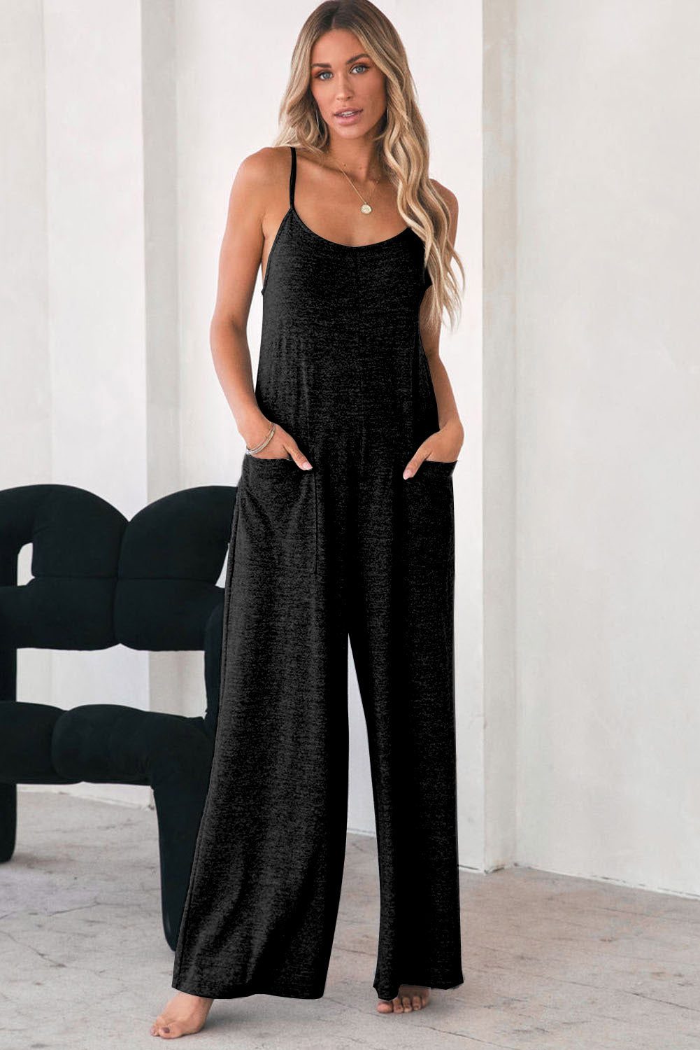 Black Patch Pockets Spaghetti Strap Wide Leg Jumpsuit - Premium Bottoms/Jumpsuits & Rompers from Momma Done Gone Crafty- Just $22.20! Shop now at Momma Done Gone Crafty