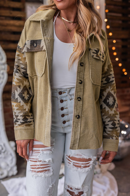 Khaki Aztec Print Patchwork Frayed Edge Corduroy Jacket - Premium Outerwear from Momma Done Gone Crafty- Just $62.70! Shop now at Momma Done Gone Crafty