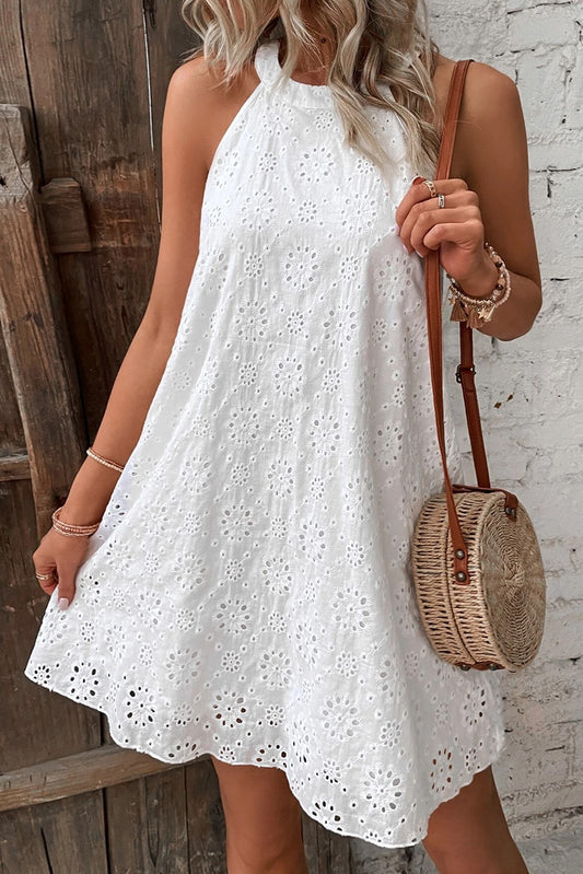 White Boho Eyelet Pattern Halter Neck Sleeveless Dress - Premium Dresses/Mini Dresses from Momma Done Gone Crafty- Just $24.72! Shop now at Momma Done Gone Crafty