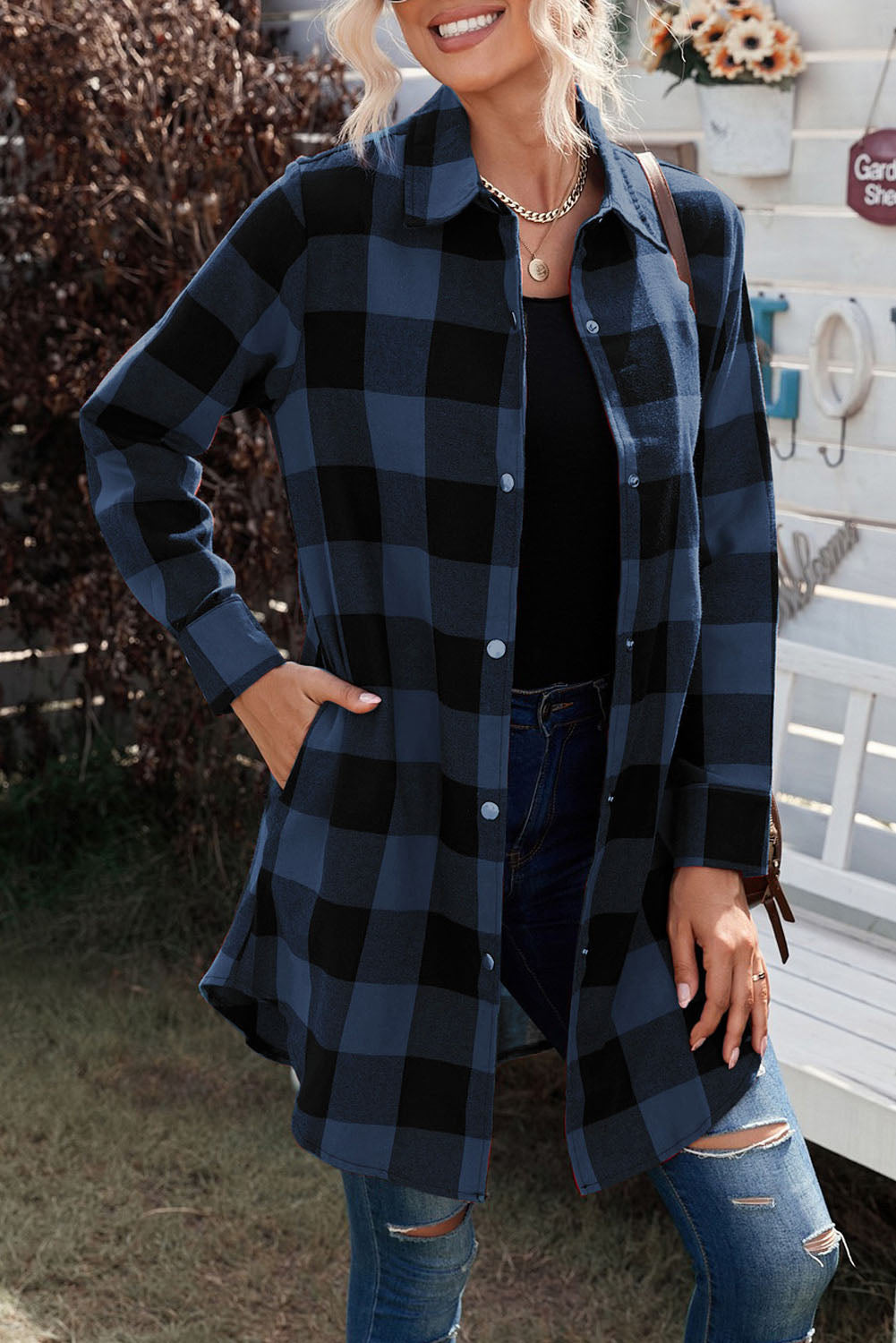 Blue Turn-down Collar Plaid Shirt Jacket - Premium Outerwear from Momma Done Gone Crafty- Just $44.94! Shop now at Momma Done Gone Crafty