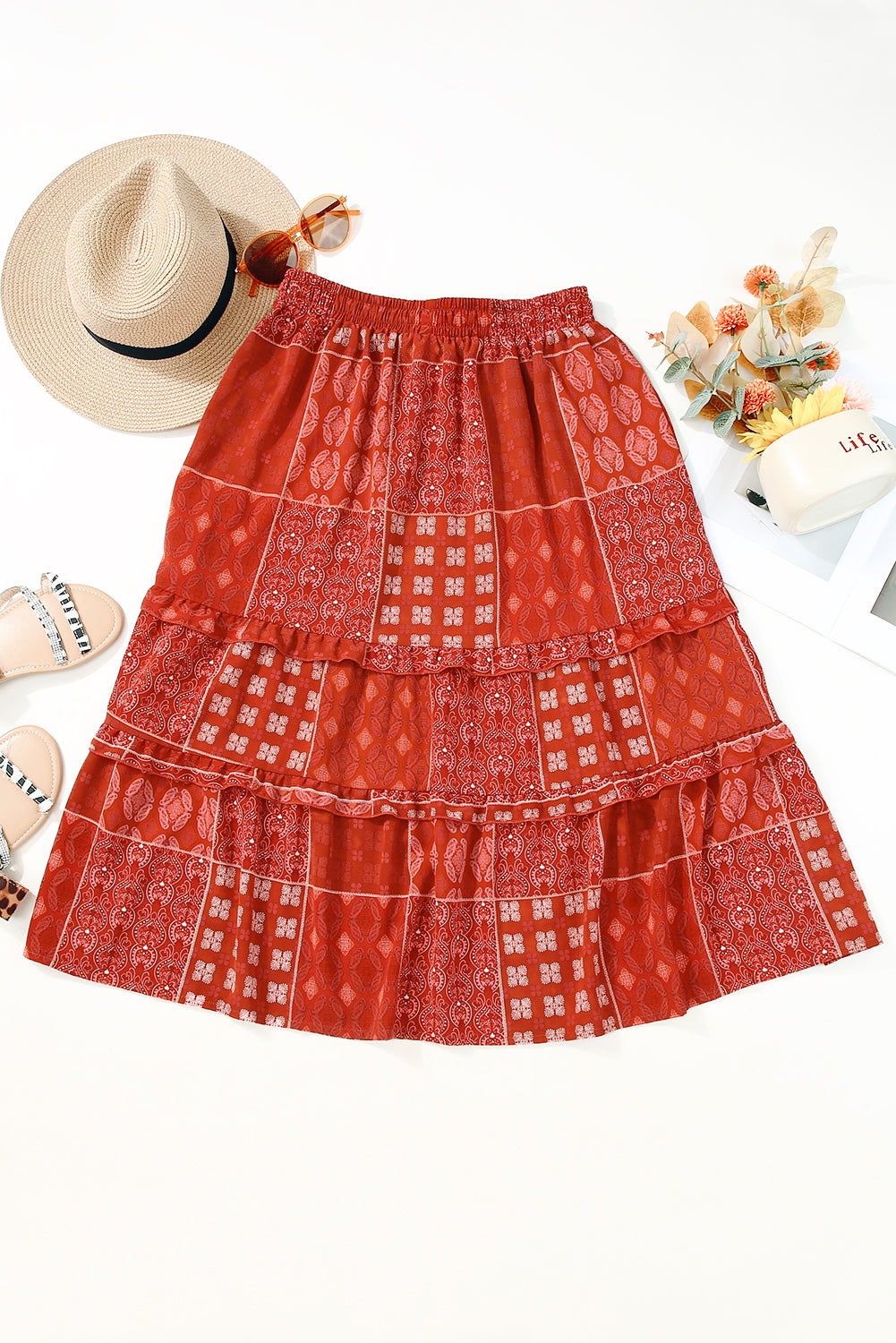 Red Bohemian Mix Print Long Flared Skirt - Premium Bottoms from Momma Done Gone Crafty- Just $55.26! Shop now at Momma Done Gone Crafty