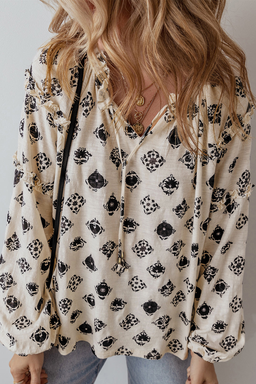 White Printed Split Neck Bubble Sleeve Loose Blouse - Premium Tops/Blouses & Shirts from Ashes 2 Wildflowers Boutique, LLC- Just $19.38! Shop now at Ashes 2 Wildflowers Boutique, LLC