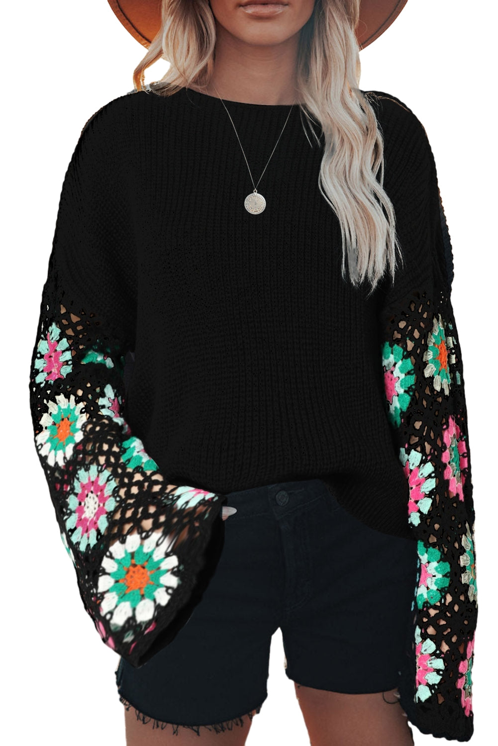 Black Floral Crochet Bell Sleeve Loose Sweater - Premium Tops from Momma Done Gone Crafty- Just $52.99! Shop now at Momma Done Gone Crafty