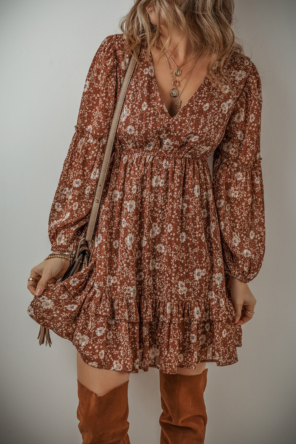 Brown Boho Floral Ruffled Puff Sleeve V Neck Mini Dress - Premium Dresses/Floral Dresses from Momma Done Gone Crafty- Just $35.10! Shop now at Momma Done Gone Crafty
