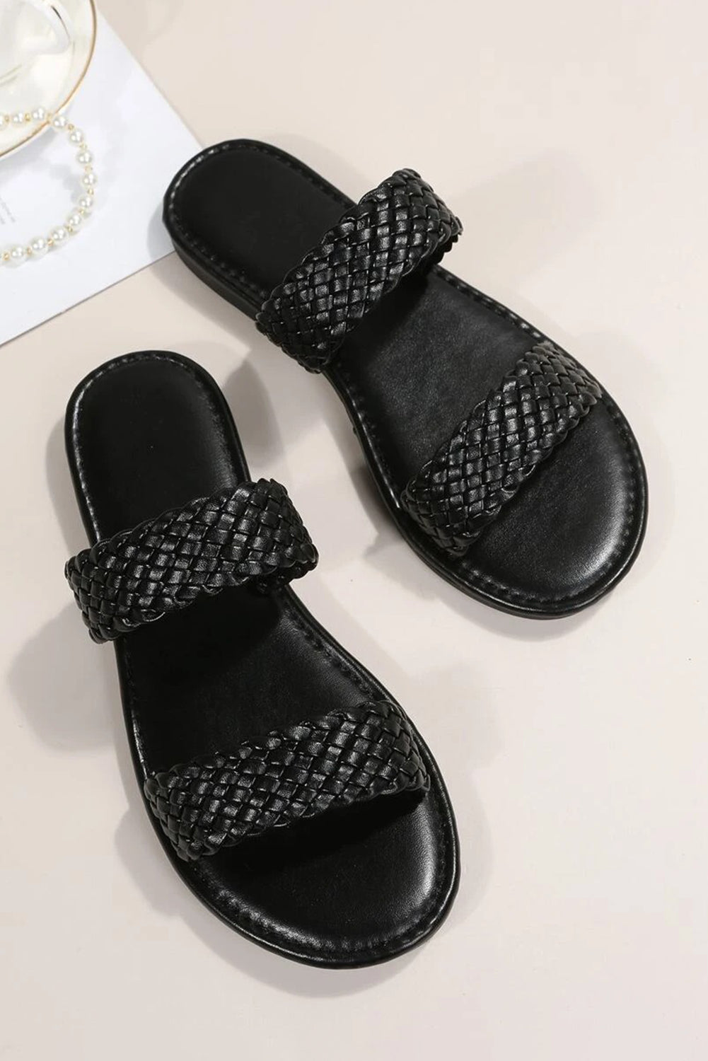 Black Braided Double Band Leathered Flat Slippers - Premium Shoes & Bags/Slippers from Momma Done Gone Crafty- Just $24.99! Shop now at Momma Done Gone Crafty