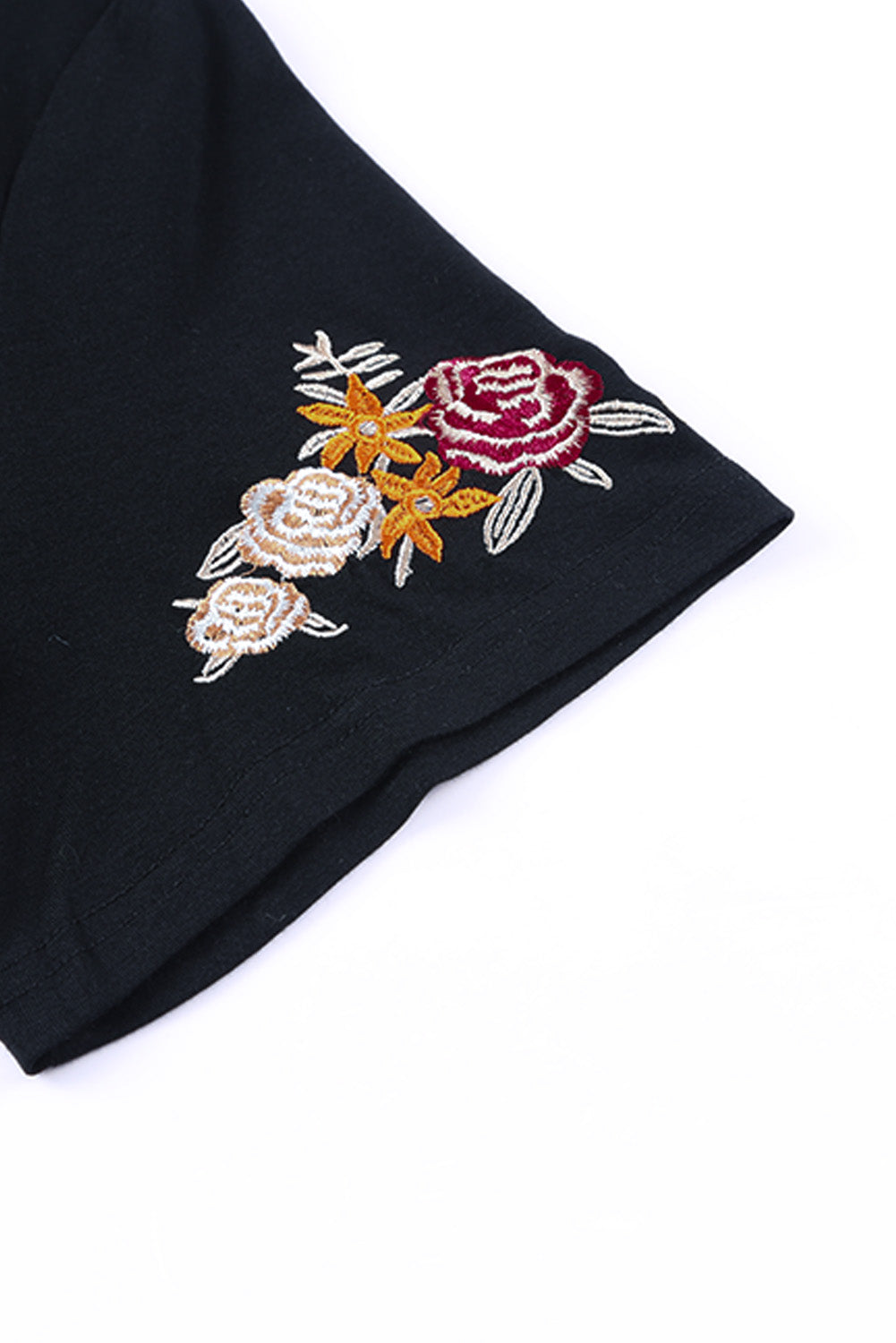 Black Floral Embroidered Round Neck Short Sleeve T Shirt - Premium Tops from Momma Done Gone Crafty- Just $59.70! Shop now at Momma Done Gone Crafty