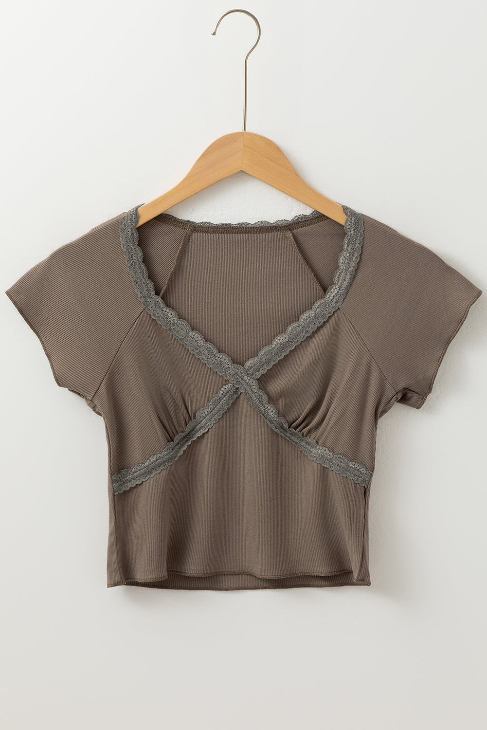 Dark Brown Lace Splicing Criss Cross Slim Fit V Neck T Shirt - Premium Tops/Tops & Tees from Ashes 2 Wildflowers Boutique, LLC- Just $25.48! Shop now at Ashes 2 Wildflowers Boutique, LLC
