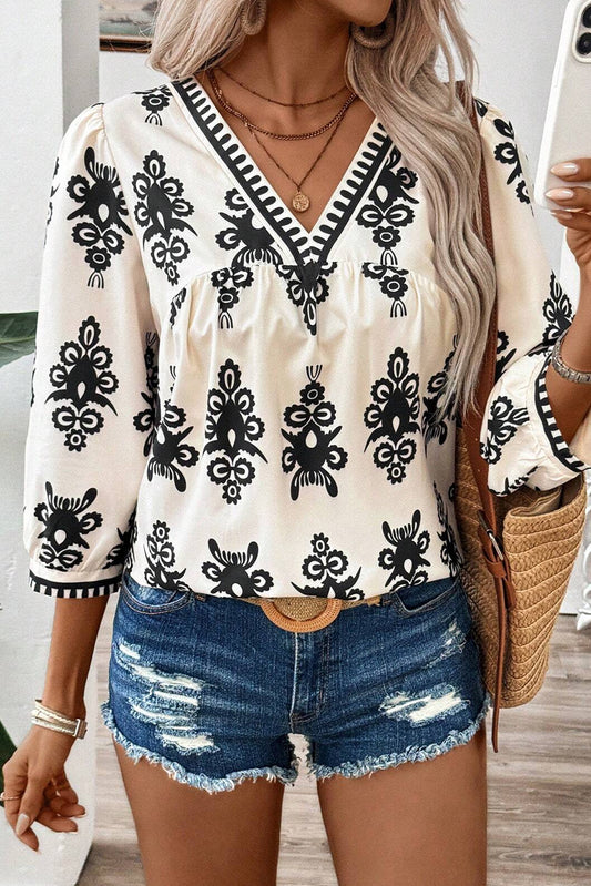 Beige Vintage Geometric Printed 3/4 Sleeve V Neck Blouse - Premium Tops/Blouses & Shirts from Ashes 2 Wildflowers Boutique, LLC- Just $28.93! Shop now at Ashes 2 Wildflowers Boutique, LLC