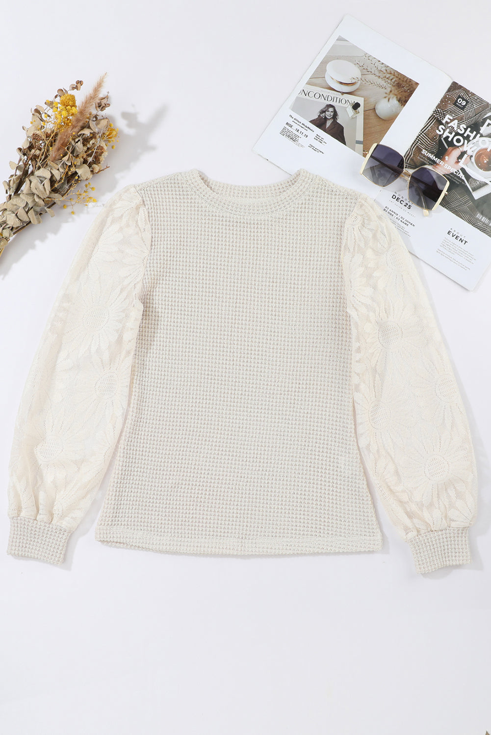 Beige Sunflower Mesh Bubble Sleeve Waffle Knit Top - Premium Tops from Momma Done Gone Crafty- Just $27.75! Shop now at Momma Done Gone Crafty