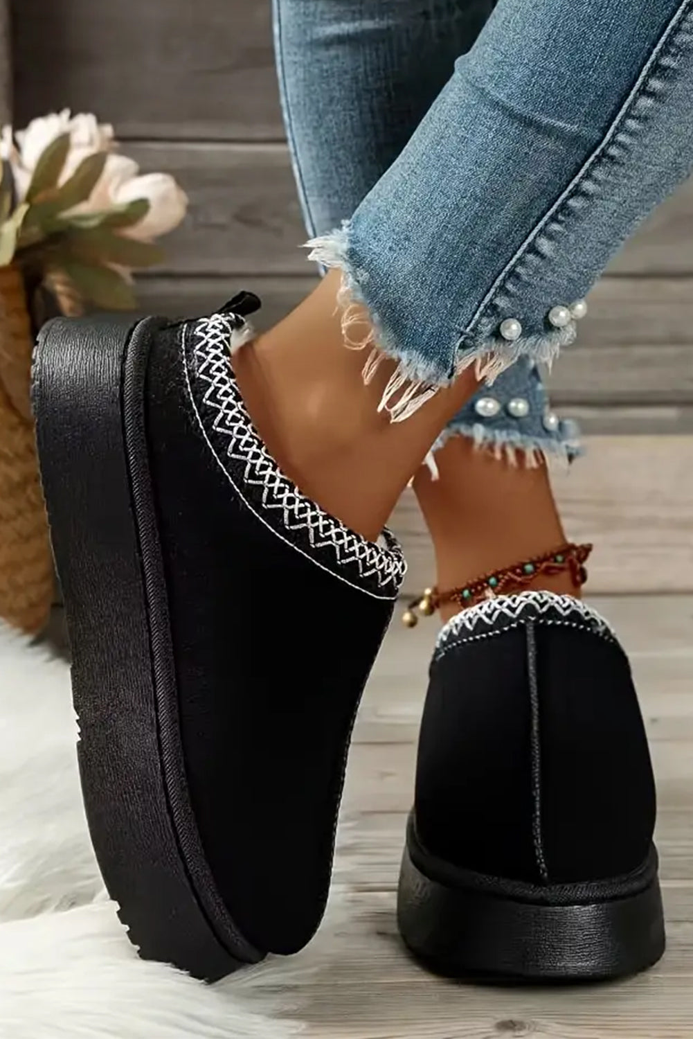 Black Contrast Print Suede Plush Lined Snow Boots - Premium Shoes & Bags/Boots from Momma Done Gone Crafty- Just $20.94! Shop now at Momma Done Gone Crafty