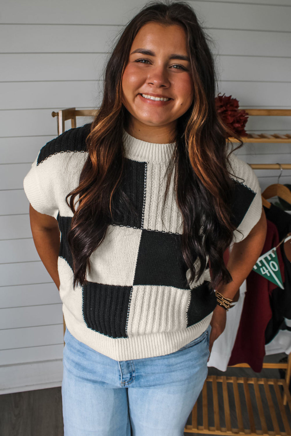 Black Checkered Color Block Crew Neck Short Sleeve Sweater - Premium Sweaters & Cardigans/Short Sleeve Sweaters from Ashes 2 Wildflowers Boutique, LLC- Just $33.05! Shop now at Ashes 2 Wildflowers Boutique, LLC