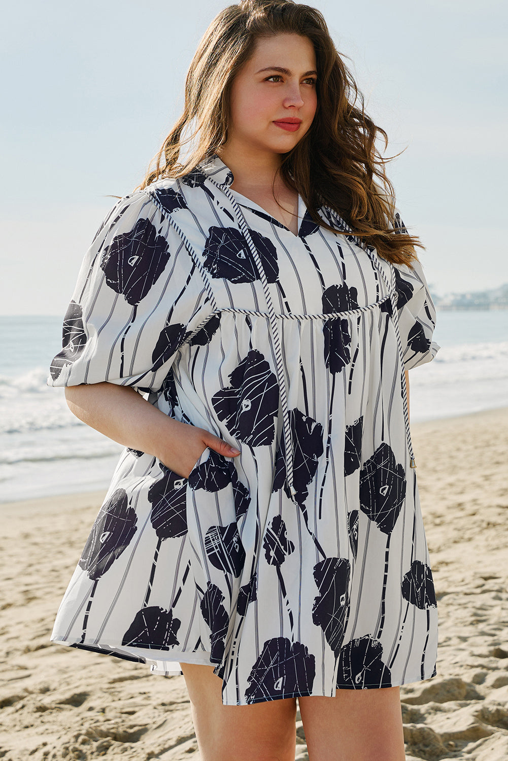 Black Plus Size Floral 3/4 Puff Sleeve Lace-up Neck Mini Dress - Premium Plus Size/Plus Size Dresses/Plus Size Mini Dresses from Momma Done Gone Crafty- Just $39.15! Shop now at Momma Done Gone Crafty