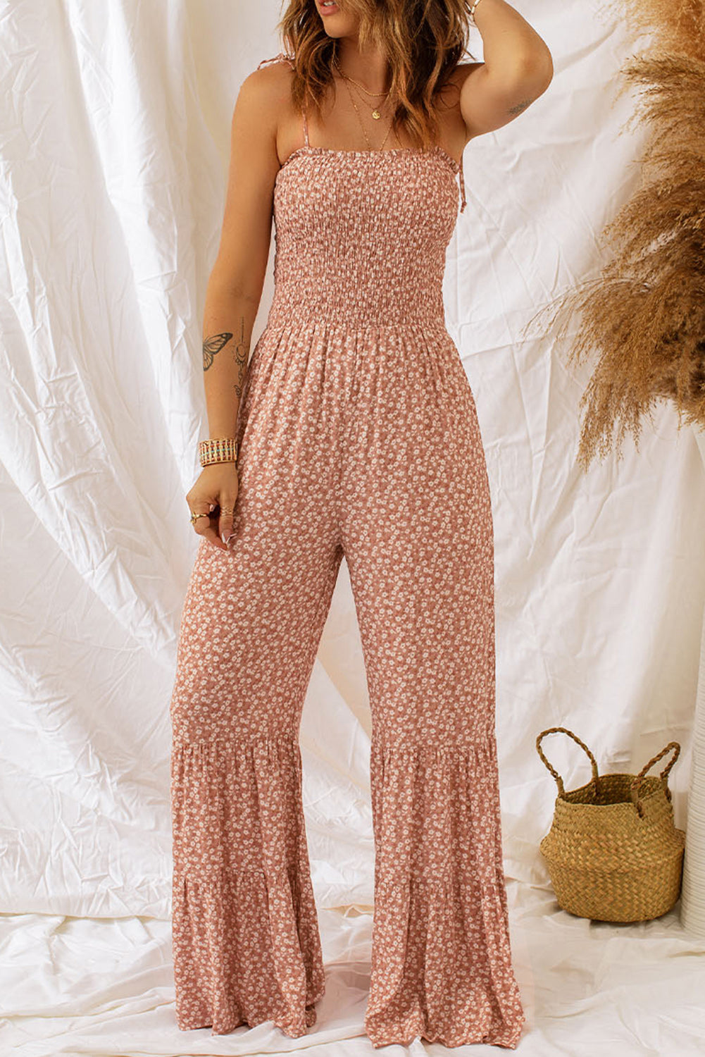 Khaki Thin Straps Smocked Bodice Wide Leg Floral Jumpsuit - Premium Bottoms from Momma Done Gone Crafty- Just $48! Shop now at Momma Done Gone Crafty
