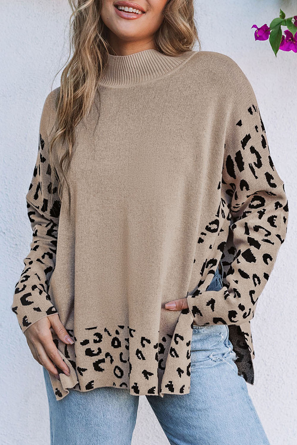 Khaki Leopard High Neck Side Slit Oversized Sweater - Premium Tops from Momma Done Gone Crafty- Just $45.50! Shop now at Momma Done Gone Crafty