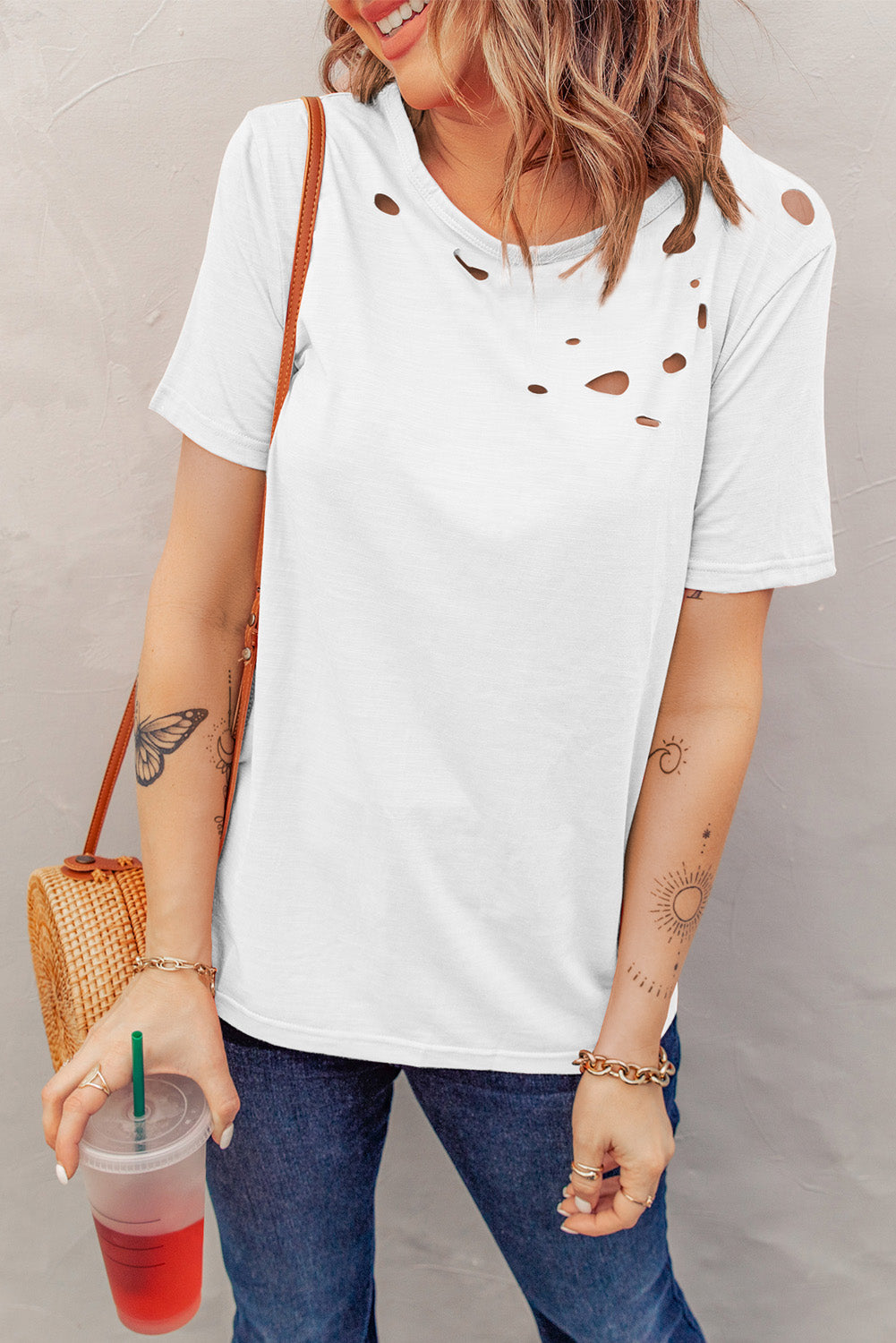 White Holes Crew Neck Cotton Mixed T-shirt - Premium Tops/Tops & Tees from Momma Done Gone Crafty- Just $22.99! Shop now at Momma Done Gone Crafty