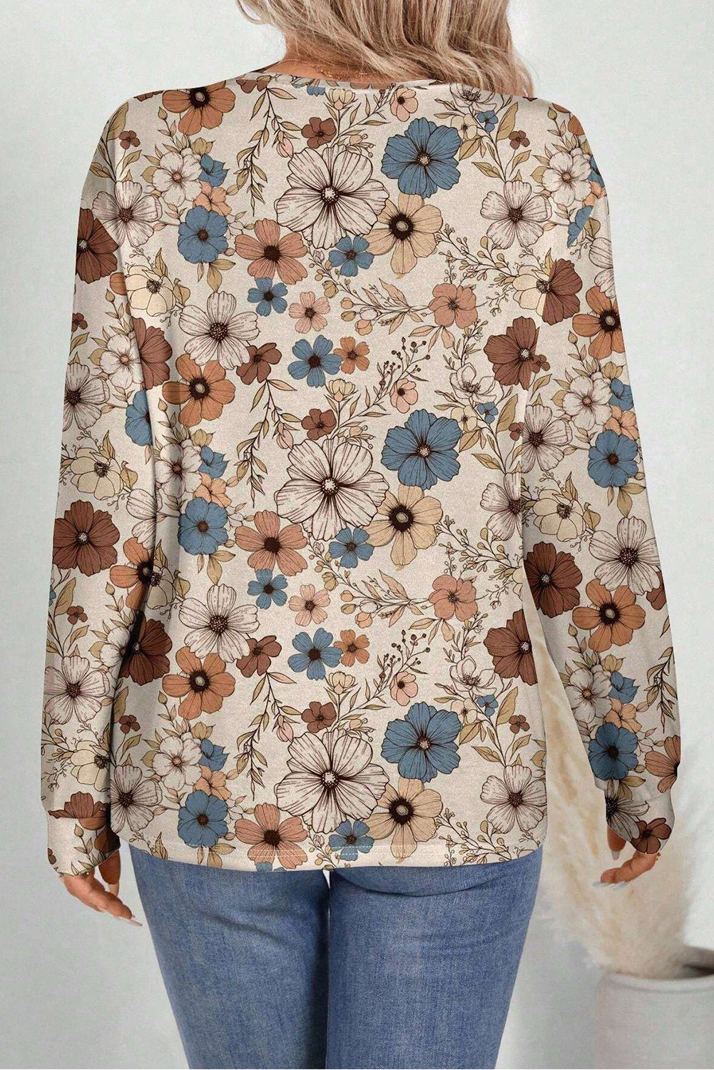 Khaki Floral Print Loose Crew Neck Long Sleeve T Shirt - Premium Tops/Long Sleeve Tops from Ashes 2 Wildflowers Boutique, LLC- Just $25.70! Shop now at Ashes 2 Wildflowers Boutique, LLC